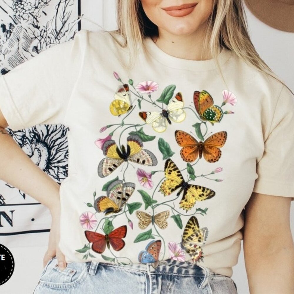 Floral Butterfly TShirt, Cottagecore Shirt, Boho T-Shirt, Antique Moth Tee